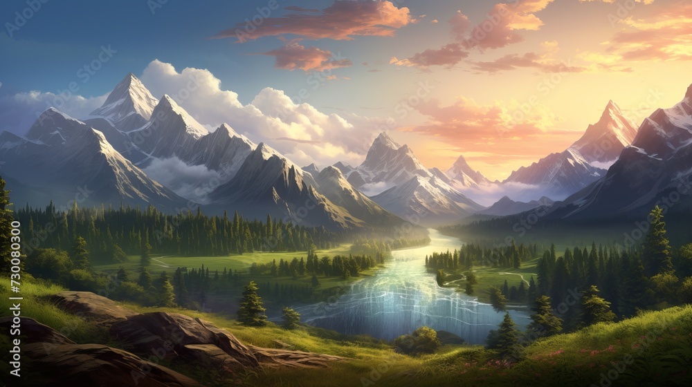 Vibrant sunset over rolling hills: captivating landscape illustration depicting nature's splendor