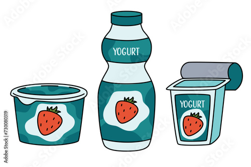 Set of jars for yoghurt. Different packaging for yoghurt and drink. Plastic pot