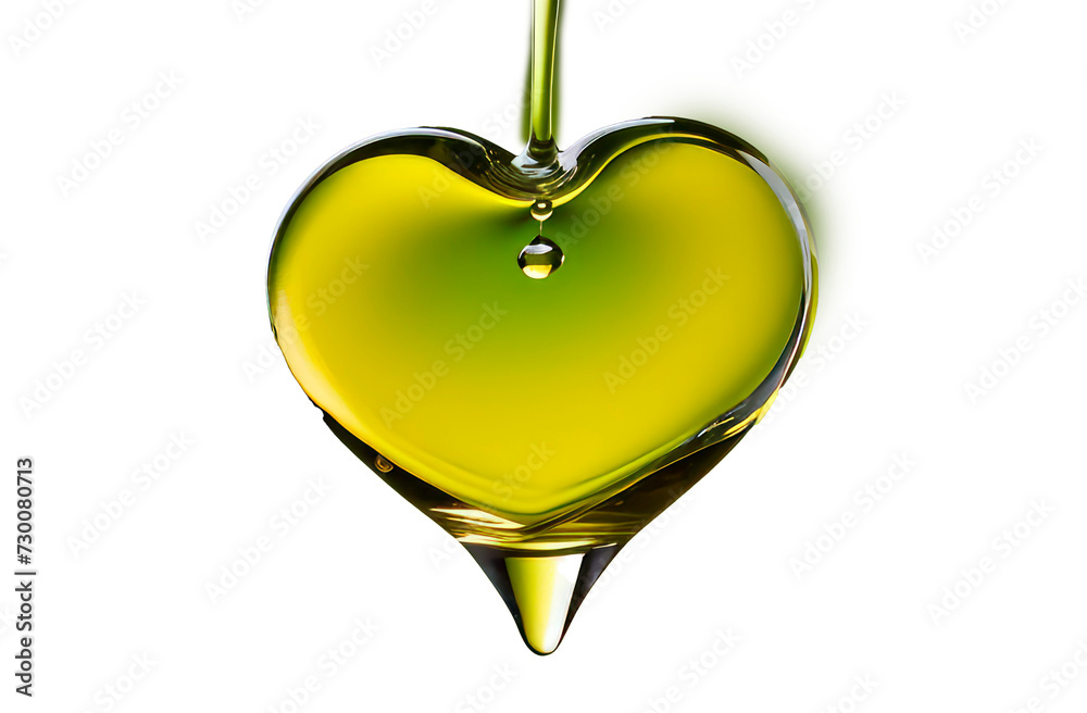 Obraz premium A drop of olive oil in the shape of a heart. Green color. Transparent background