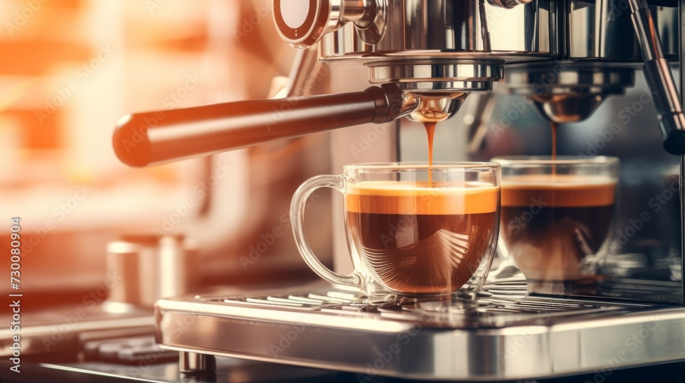 The espresso machine pours fresh black coffee into a glass coffee cup. The espresso machine pours fresh black coffee into a glass coffee cup.
