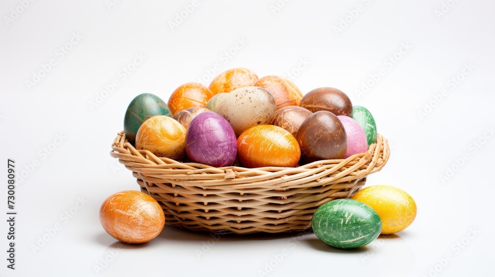 Painted easter eggs in a small basket isolated on white background.