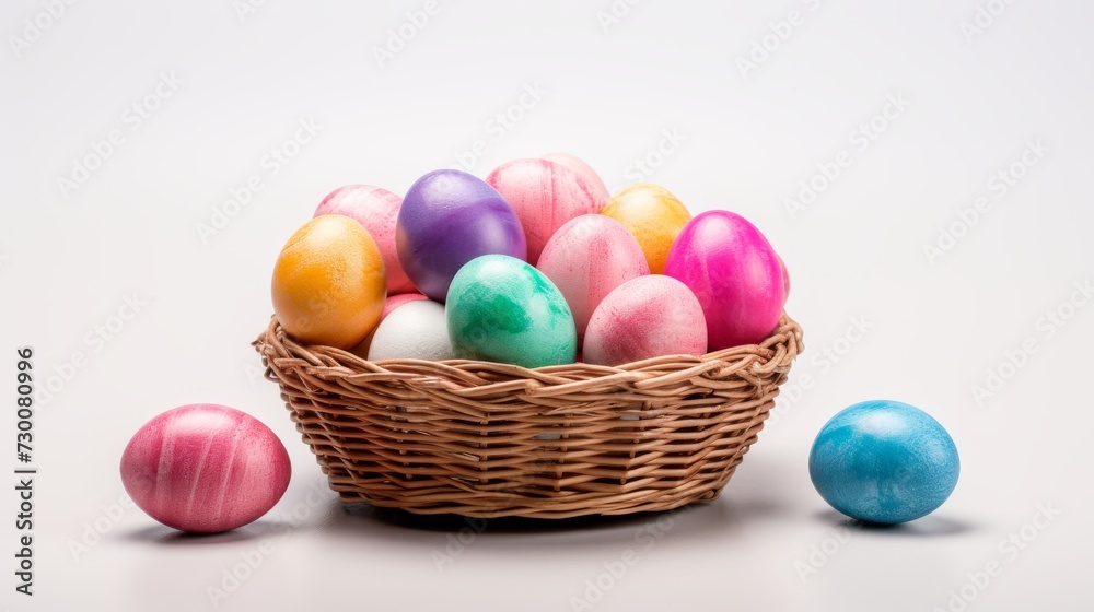 Painted easter eggs in a small basket isolated on white background. Painted easter eggs in a small basket isolated on white background.