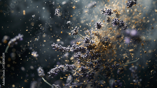 Lavender sprigs  crushed flowers flying in the light on dark background