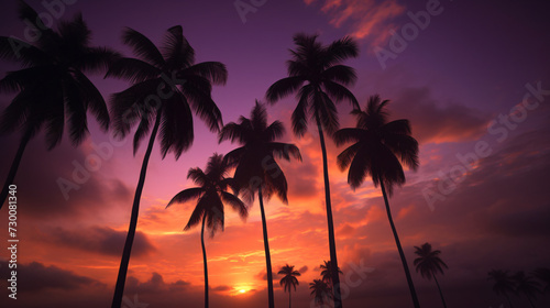 palm trees silhouetted against a vibrant sunset. 