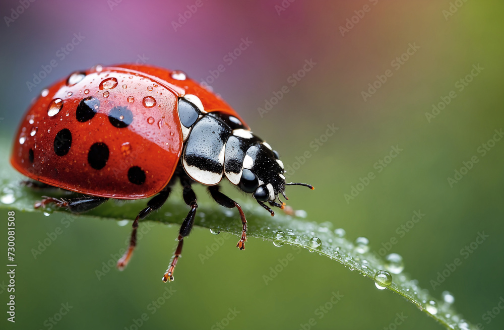 A ladybug with water drops sits on a green leaf. A ladybug with water drops sits on a green leaf.