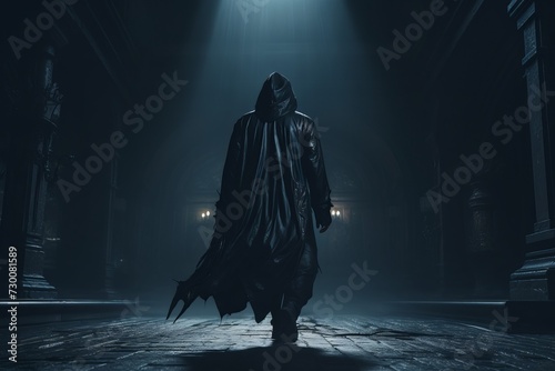 Back view of Hooded figure stalking in dark hall, appearing menacing and lost photo
