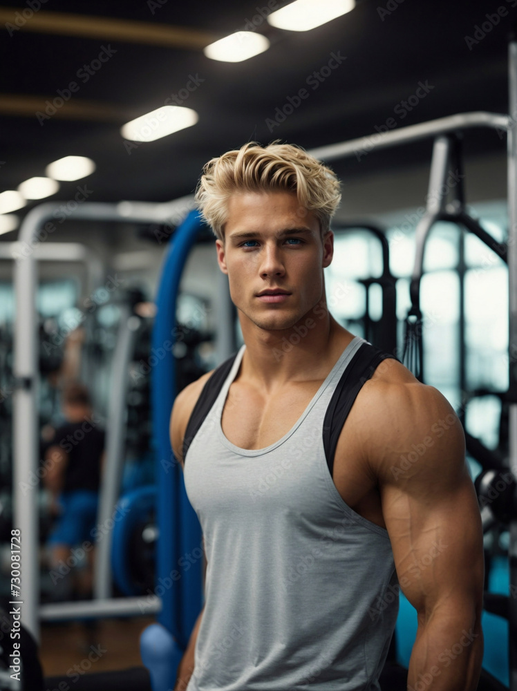 Blonde-haired Man Standing in Gym. Generative AI. Blonde-haired Man Standing in Gym. Generative AI.