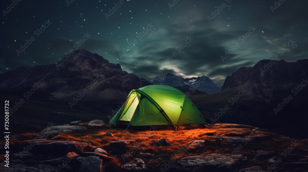 Bright green tent on a mountain top under a starry night sky.