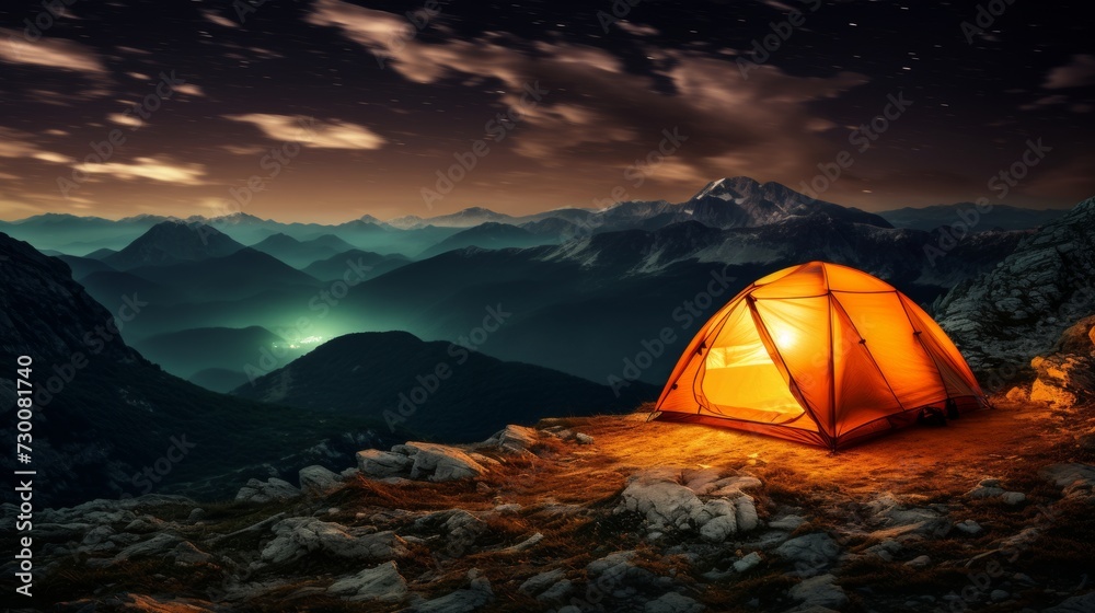 Bright orange tent on a mountain top under a starry night sky.