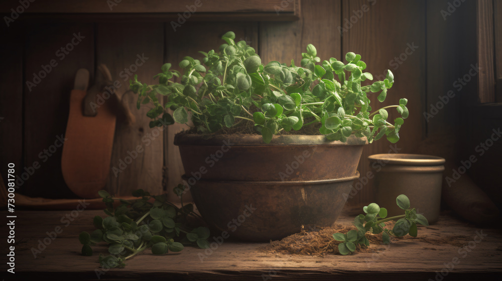 Oregano plant placed in a rustic kitchen setting.