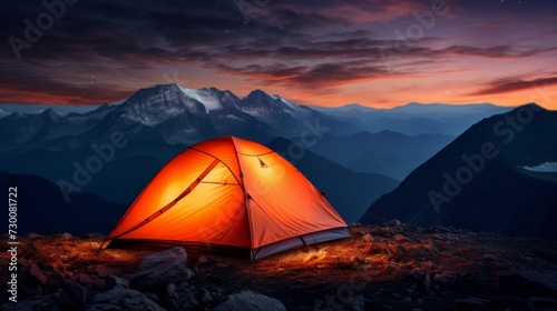 Bright orange tent on a mountain top under a starry night sky.