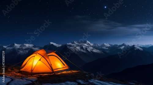 Bright orange tent on a mountain top under a starry night sky. © AIExplosion