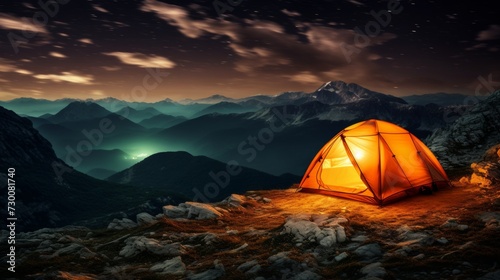 Bright orange tent on a mountain top under a starry night sky. © AIExplosion