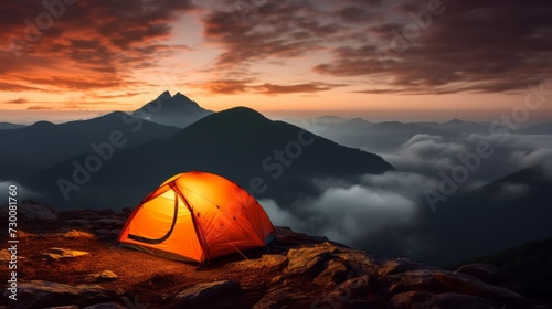 Bright orange tent on a mountain top under a starry night sky.