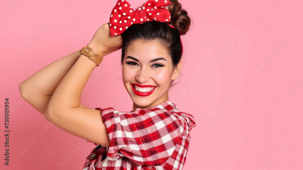 woman with a playful expression is winking and making a playful gesture with her hand like viewing through a telescope, wearing a red and white checkered shirt woman with a playful expression is winking and making a playful gesture with her hand like viewing through a telescope, wearing a red and white checkered shirt