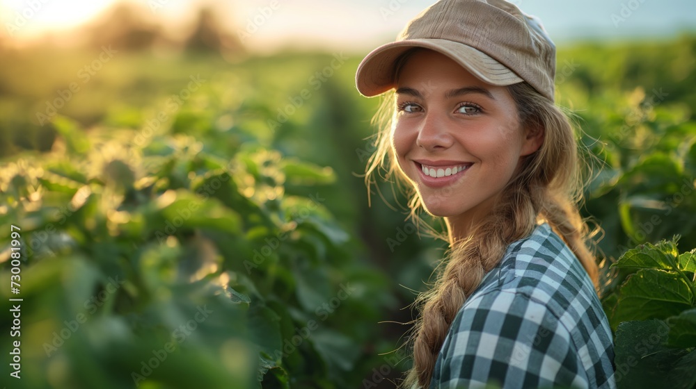 Woman wearing a hat smiles beautifully in farming fields.