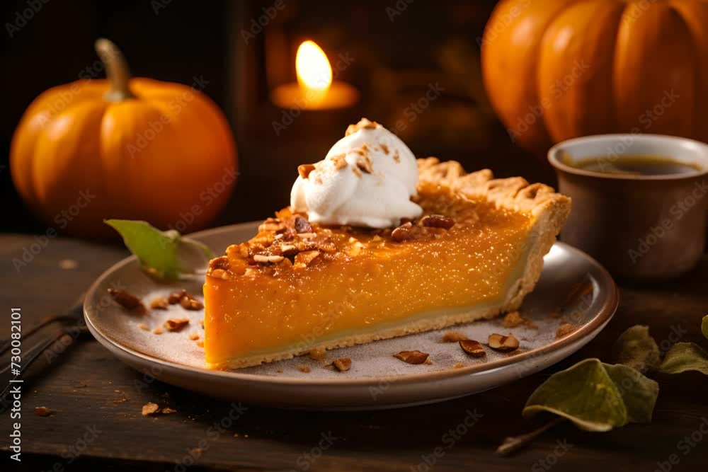 A slice of pumpkin pie with whipped cream and pecans on a plate, with a pumpkin and candle in the background. A slice of pumpkin pie with whipped cream and pecans on a plate, with a pumpkin and candle in the background.