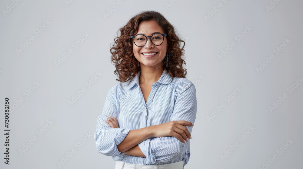 woman with short blonde hair and a confident smile is wearing a white shirt and stands with her arms crossed against a light grey background woman with short blonde hair and a confident smile is wearing a white shirt and stands with her arms crossed against a light grey background