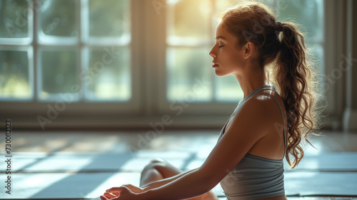 Young woman practicing lotus asana in yoga studio. Padmasana pose. meditating in Half Lotus pose with mudra gesture, working out, wearing sportswear