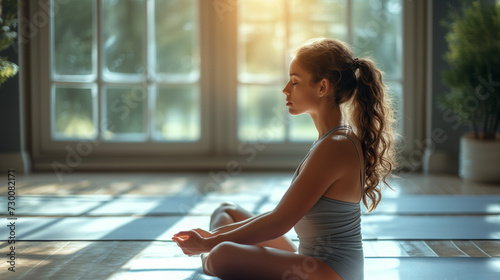 Young woman practicing lotus asana in yoga studio. Padmasana pose. meditating in Half Lotus pose with mudra gesture, working out, wearing sportswear Free Download Young woman practicing lotus asana in yoga studio. Padmasana pose. meditating in Half Lotus pose with mudra gesture, working out, wearing sportswear - GFXLoad