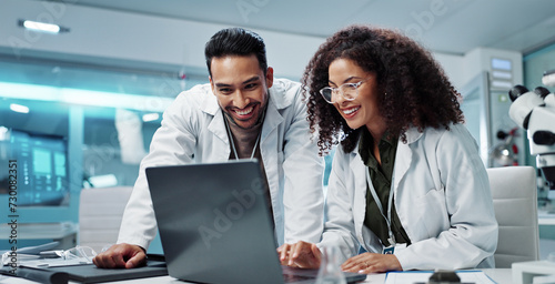 Science, teamwork and scientist with tablet in laboratory for communication, pharmaceutical review or planning. Employees, collaboration and technology for research, discussion and digital analysis photo