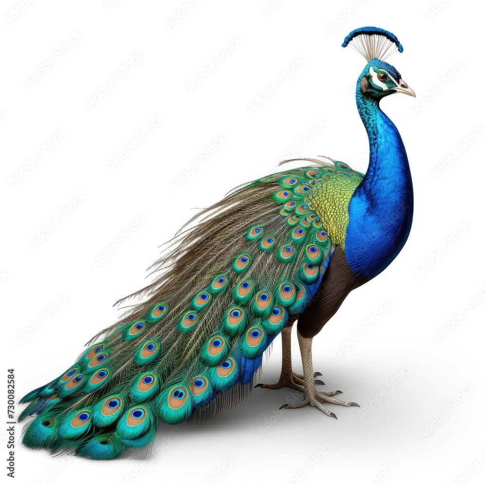 Fototapeta premium Peacock bird with colorful feathers isolated on white background