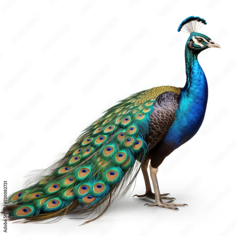 Fototapeta premium Peacock bird with colorful feathers isolated on white background