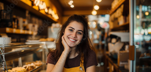 Uma mulher jovem sorridente trabalhando em uma loja de confeitaria 