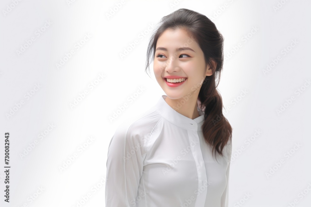 Asian Business Maven, A poised and professional Asian busiessgirl captivates in a stunning portrait against a backdrop of pure white. Generative AI. Asian Business Maven, A poised and professional Asian busiessgirl captivates in a stunning portrait against a backdrop of pure white. Generative AI.