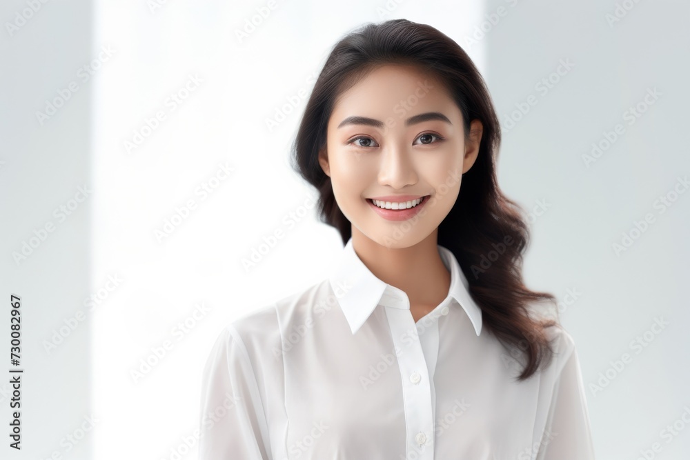Asian Business Maven, A poised and professional Asian busiessgirl captivates in a stunning portrait against a backdrop of pure white. Generative AI. Asian Business Maven, A poised and professional Asian busiessgirl captivates in a stunning portrait against a backdrop of pure white. Generative AI.