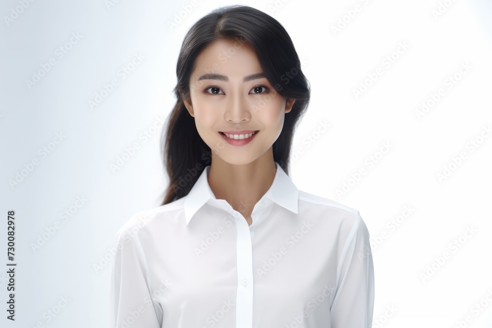 Asian Business Maven, A poised and professional Asian busiessgirl captivates in a stunning portrait against a backdrop of pure white. Generative AI. Asian Business Maven, A poised and professional Asian busiessgirl captivates in a stunning portrait against a backdrop of pure white. Generative AI.