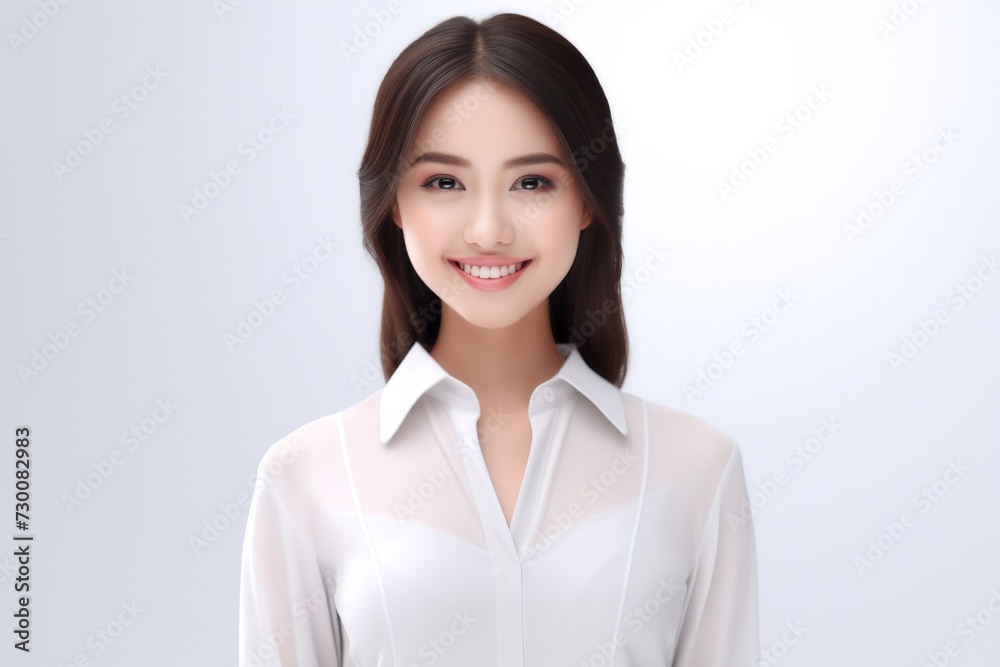 Asian Business Maven, A poised and professional Asian busiessgirl captivates in a stunning portrait against a backdrop of pure white. Generative AI. Asian Business Maven, A poised and professional Asian busiessgirl captivates in a stunning portrait against a backdrop of pure white. Generative AI.