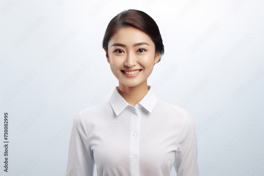Asian Business Maven, A poised and professional Asian busiessgirl captivates in a stunning portrait against a backdrop of pure white. Generative AI. Asian Business Maven, A poised and professional Asian busiessgirl captivates in a stunning portrait against a backdrop of pure white. Generative AI.