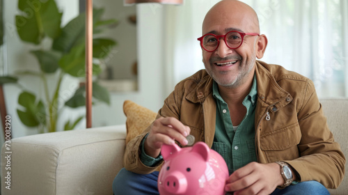 cheerful middle-aged man with glasses, inserting a coin into a pink piggy bank, symbolizing savings or investment, in a cozy home setting
