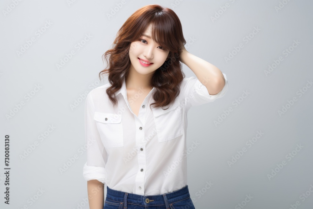 Asian Business Maven, A poised and professional Asian busiessgirl captivates in a stunning portrait against a backdrop of pure white. Generative AI. Asian Business Maven, A poised and professional Asian busiessgirl captivates in a stunning portrait against a backdrop of pure white. Generative AI.