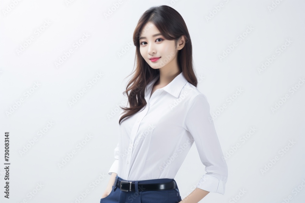 Asian Business Maven, A poised and professional Asian busiessgirl captivates in a stunning portrait against a backdrop of pure white. Generative AI. Asian Business Maven, A poised and professional Asian busiessgirl captivates in a stunning portrait against a backdrop of pure white. Generative AI.