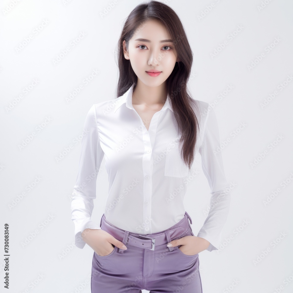 Asian Business Maven, A poised and professional Asian busiessgirl captivates in a stunning portrait against a backdrop of pure white. Generative AI. Asian Business Maven, A poised and professional Asian busiessgirl captivates in a stunning portrait against a backdrop of pure white. Generative AI.