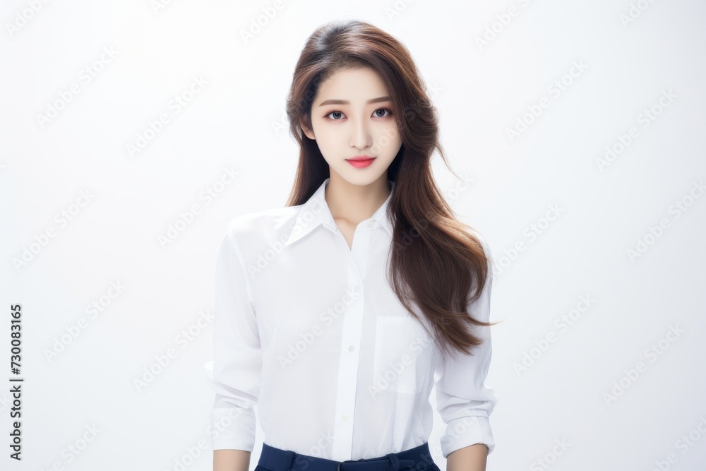 Asian Business Maven, A poised and professional Asian busiessgirl captivates in a stunning portrait against a backdrop of pure white. Generative AI. Asian Business Maven, A poised and professional Asian busiessgirl captivates in a stunning portrait against a backdrop of pure white. Generative AI.