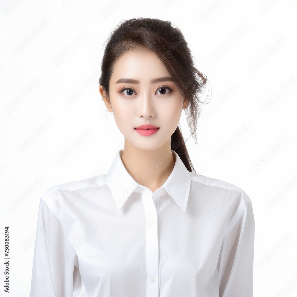 Asian Business Maven, A poised and professional Asian busiessgirl captivates in a stunning portrait against a backdrop of pure white. Generative AI. Asian Business Maven, A poised and professional Asian busiessgirl captivates in a stunning portrait against a backdrop of pure white. Generative AI.