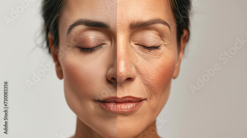 close-up of a woman's face showing a comparison between youthful skin on one side and aged skin with wrinkles on the other, against a neutral background photo