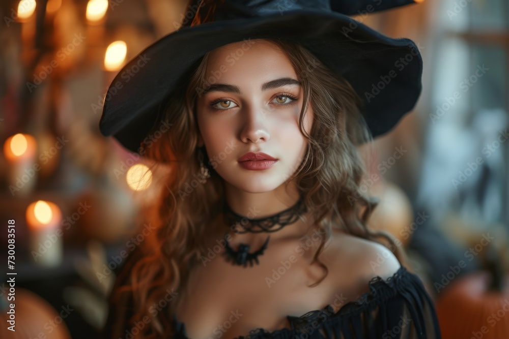 Enchanting Young Woman Embraces The Magical Atmosphere Among Pumpkins And Candles Indoors Enchanting Young Woman Embraces The Magical Atmosphere Among Pumpkins And Candles Indoors