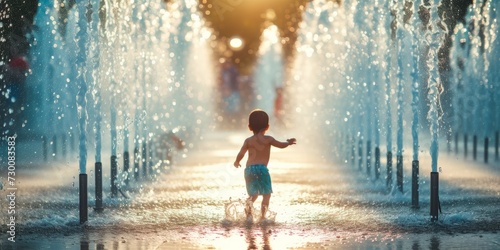 Child Plays In City Fountain On Hot Day