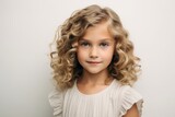 Cute little girl with curly blond hair. Studio shot over white background.