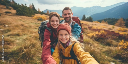 Family Takes Selfie During Hike In The Mountains