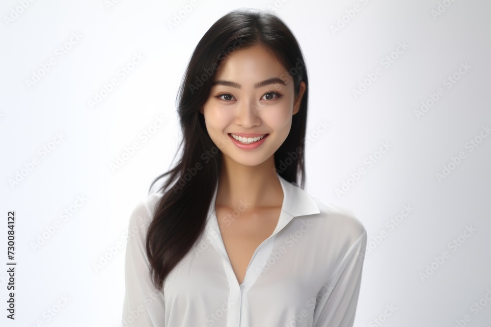 Confident Asian Professional, Confidence and professionalism shine through as a young Asian businessperson woman poses against a backdrop of solid white. Generative AI. Confident Asian Professional, Confidence and professionalism shine through as a young Asian businessperson woman poses against a backdrop of solid white. Generative AI.
