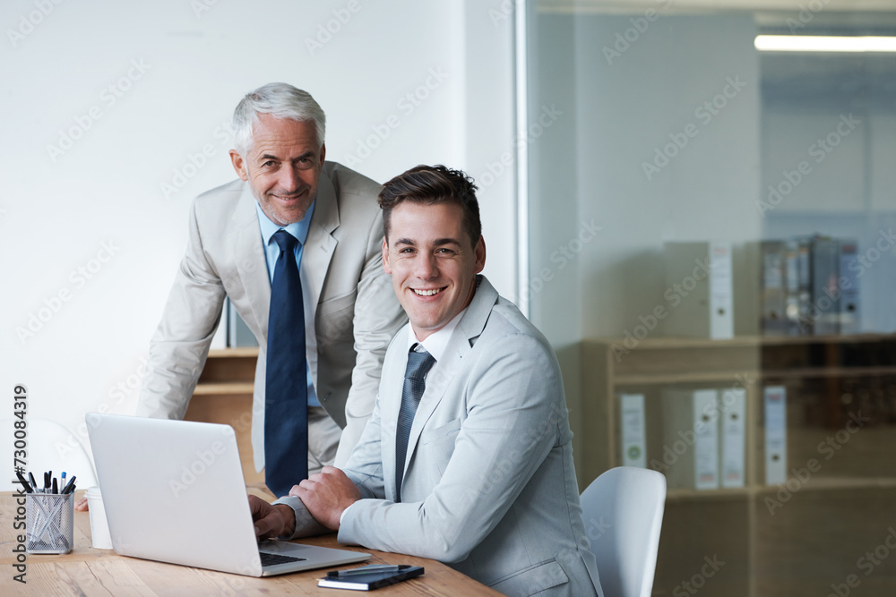 Boss, businessman and coworker with laptop, plan and work for expanding in office and accounts. Executive, employer and accountant at desk, company and meeting for management and staff administration Boss, businessman and coworker with laptop, plan and work for expanding in office and accounts. Executive, employer and accountant at desk, company and meeting for management and staff administration
