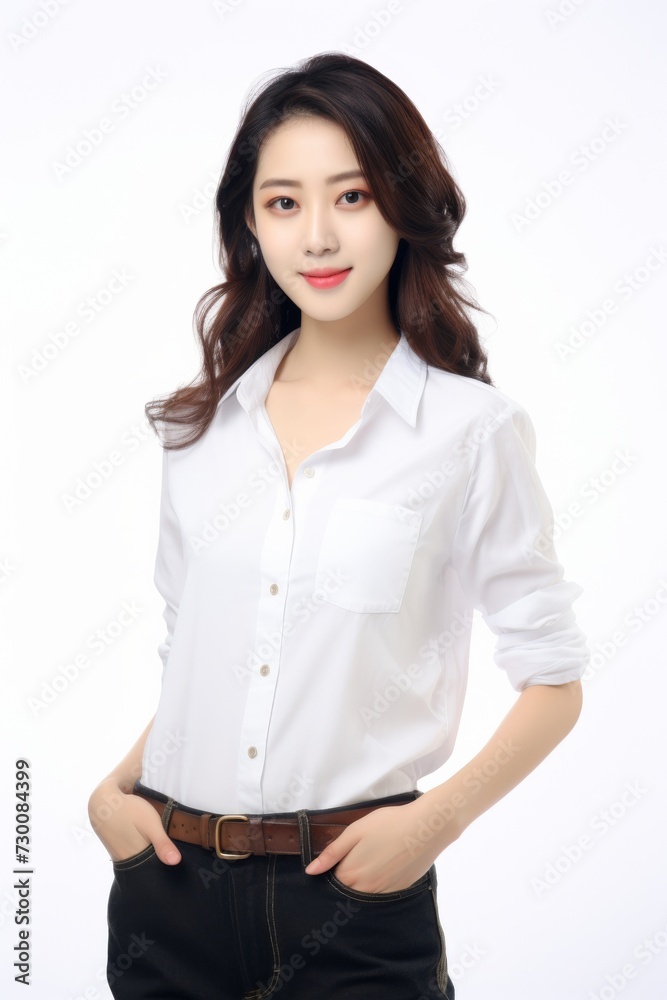 Confident Asian Professional, Confidence and professionalism shine through as a young Asian businessperson woman poses against a backdrop of solid white. Generative AI. Confident Asian Professional, Confidence and professionalism shine through as a young Asian businessperson woman poses against a backdrop of solid white. Generative AI.