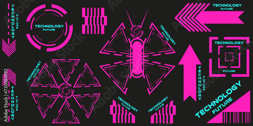 Set neon Cyberpunk Geometric element isolated black background. Summer Technology future Geometrical shapes. Vector illustration can used web social media and mobile app design. EPS 10
