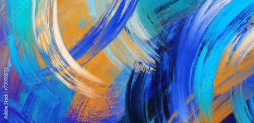 Abstract blue, orange, white, and black brush stroke artsy illustration background isolated on horizontal ratio template. Social media post, website backdrop, poster print or brochure background. photo