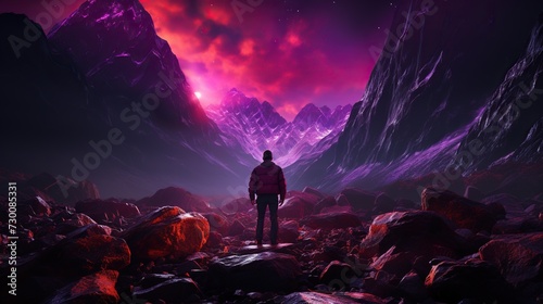 a person stands near rocks with purple and pink glow in the sky photo
